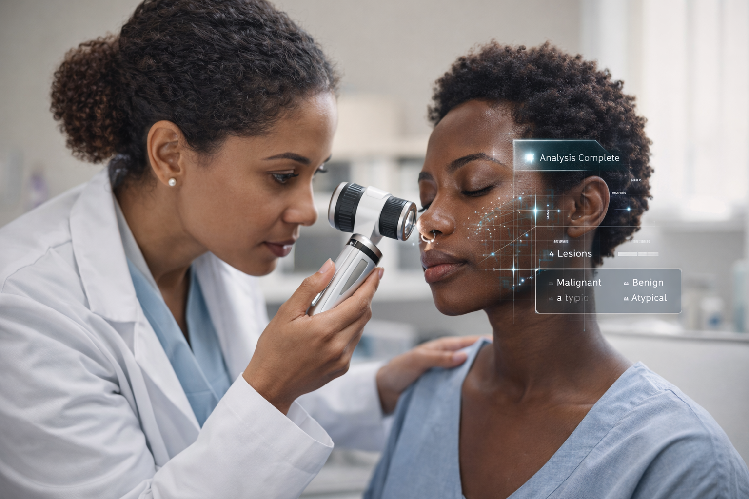 Dermatologist examining melanin-rich skin with diagnostic device